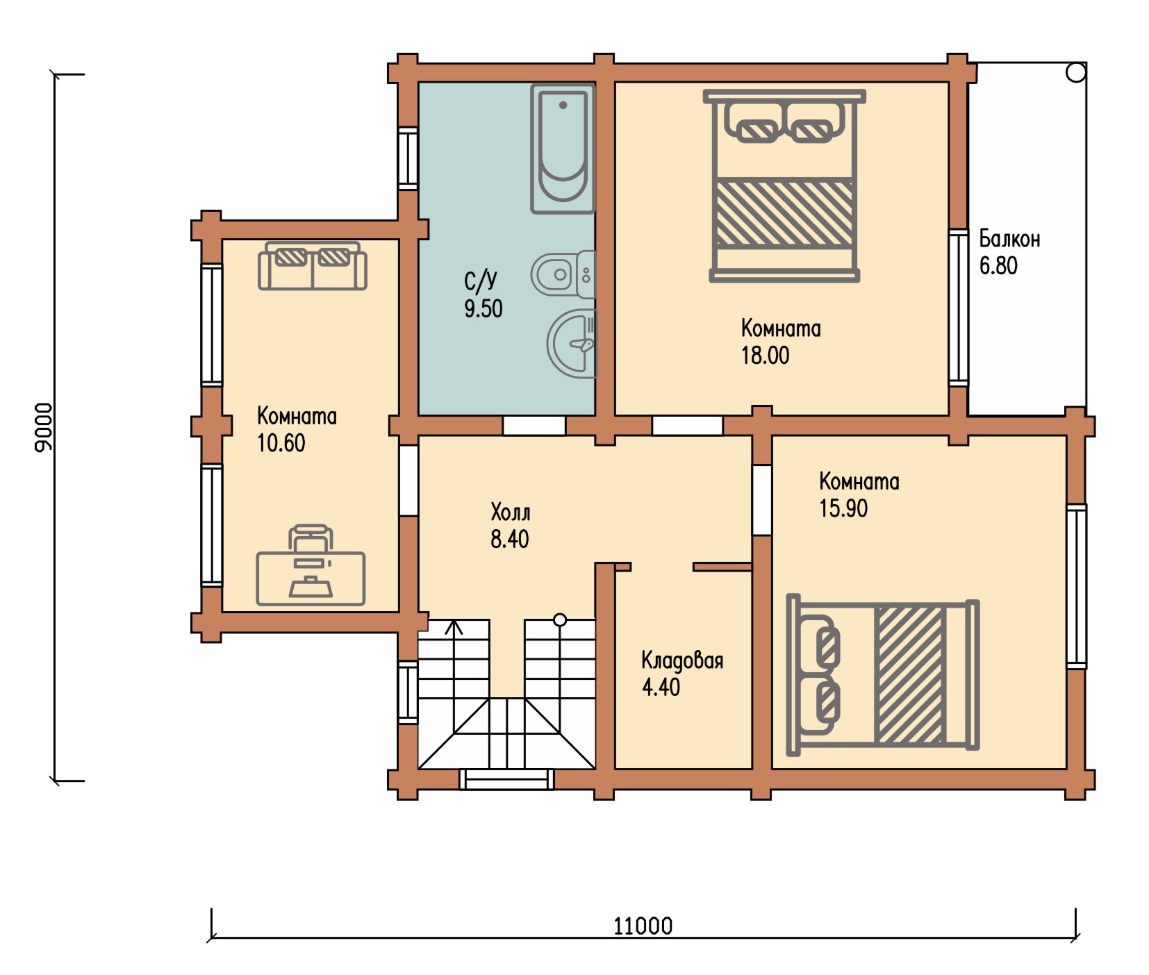 Проект одноэтажного деревянного  дома с мансардой и террасой  из бревна — ДДС 510