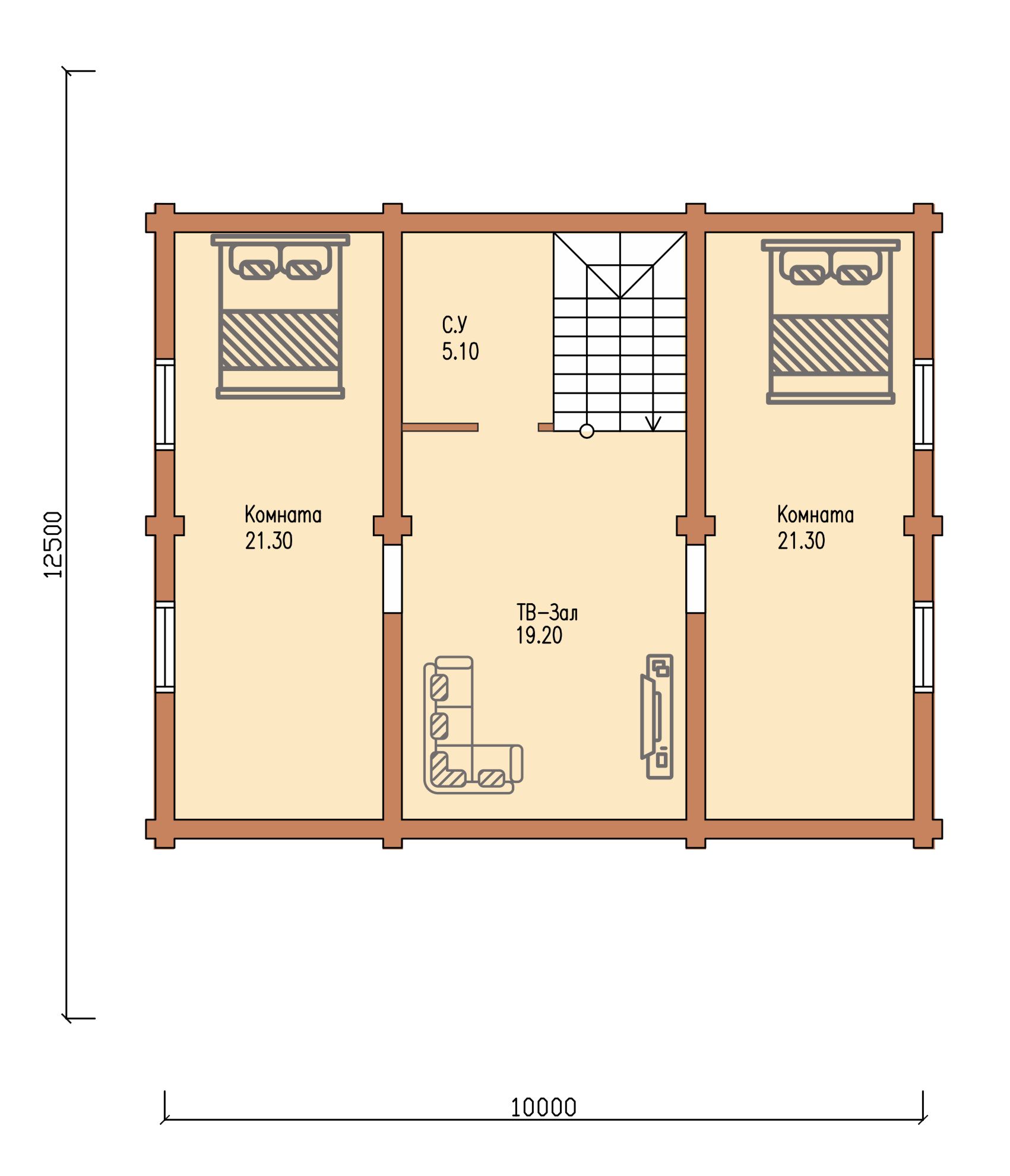 Проект одноэтажного деревянного  дома с мансардой и террасой  из бревна — ДДС 512