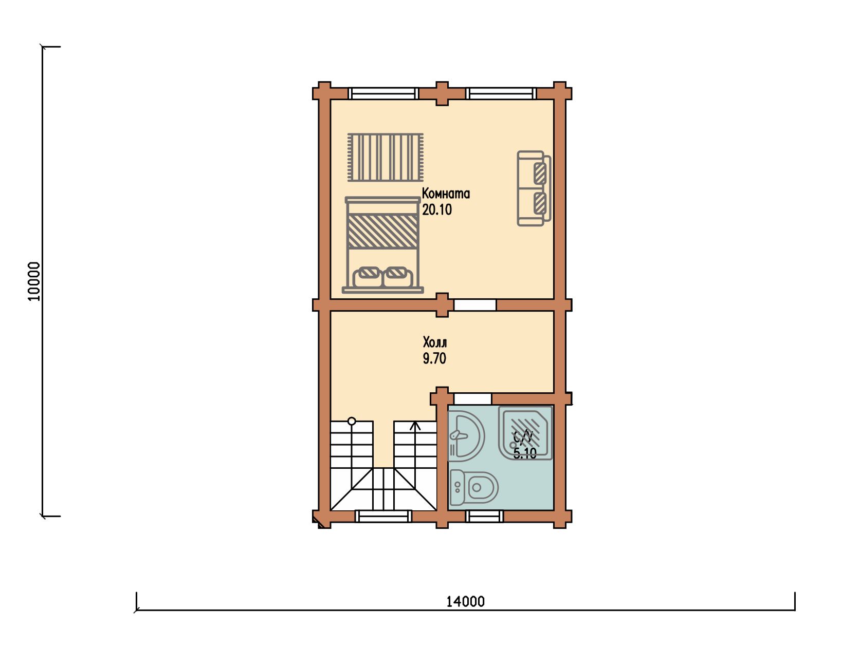 Проект одноэтажного деревянного  дома с мансардой и террасой  из бруса – ДПБ 313