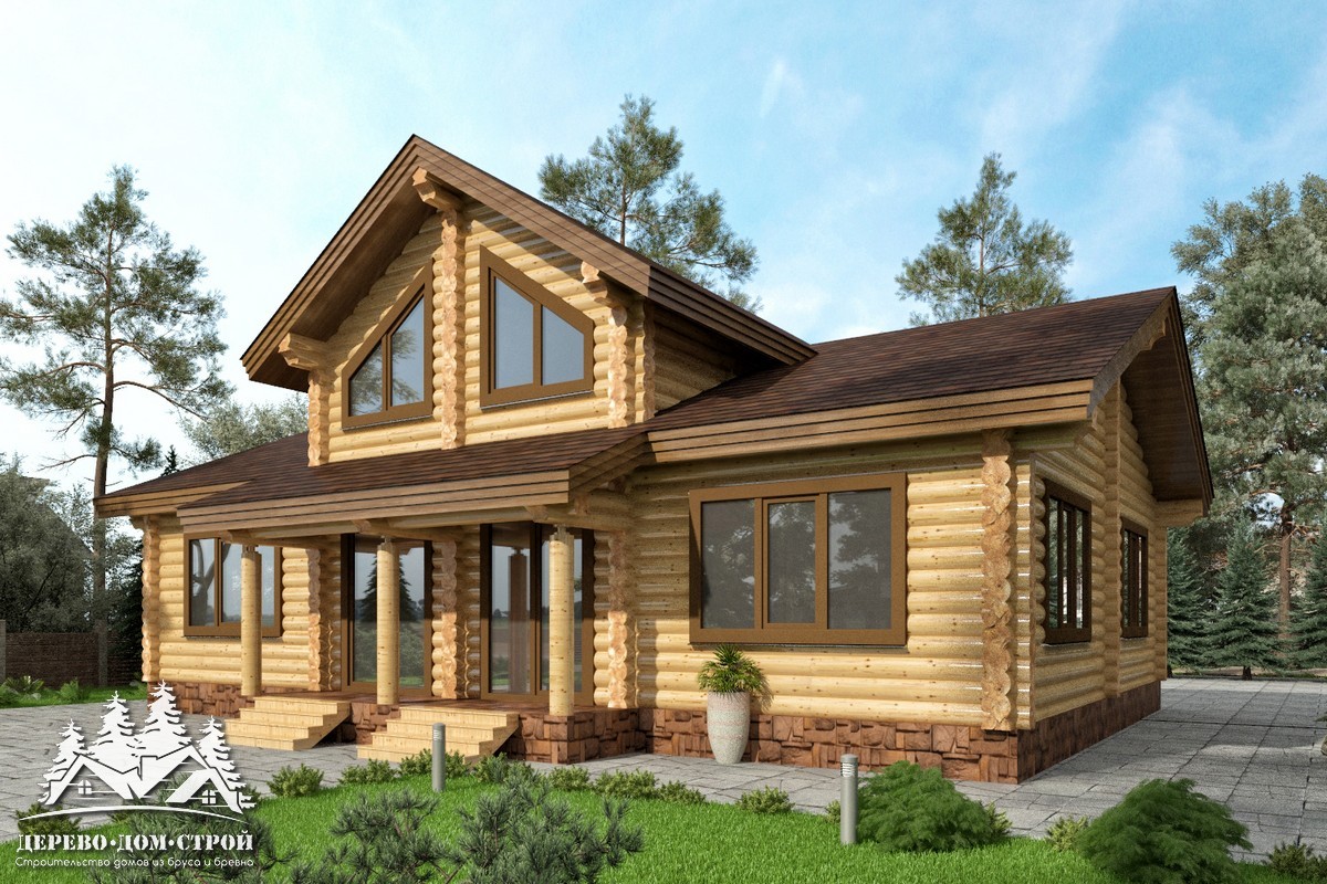 Проект одноэтажного деревянного  дома с мансардой и террасой  из бревна — ДДС 513