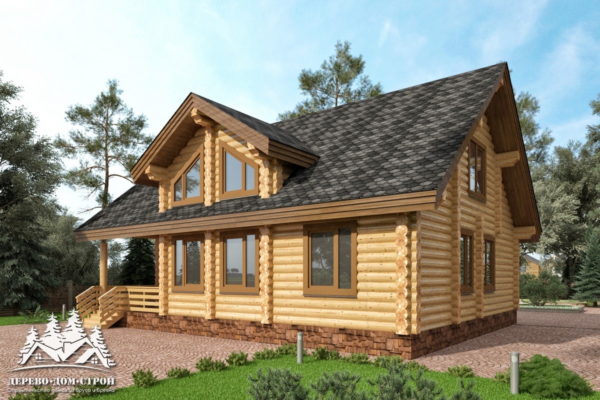 Проект одноэтажного деревянного  дома с мансардой и террасой  из бревна — ДДС 515