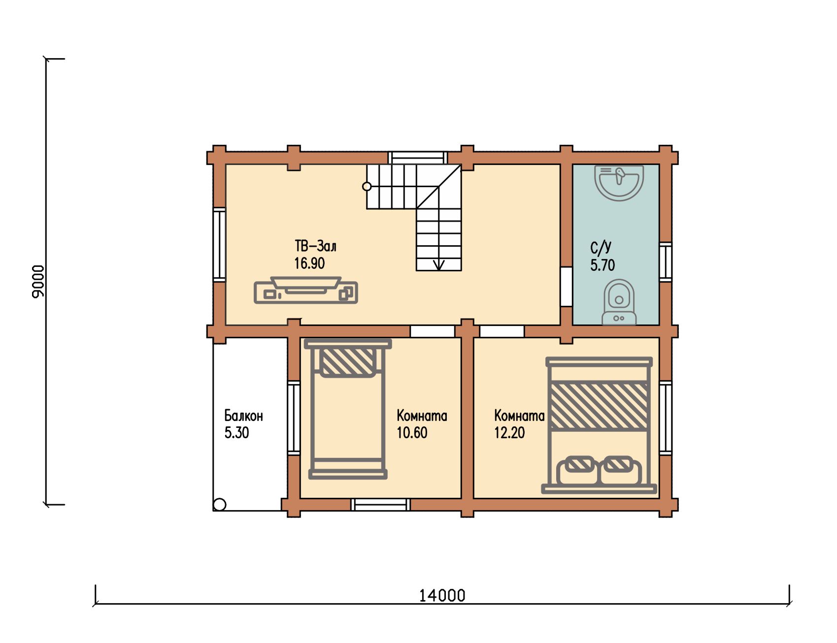 Проект одноэтажного деревянного  дома с мансардой и террасой  из бревна — ДДС 520