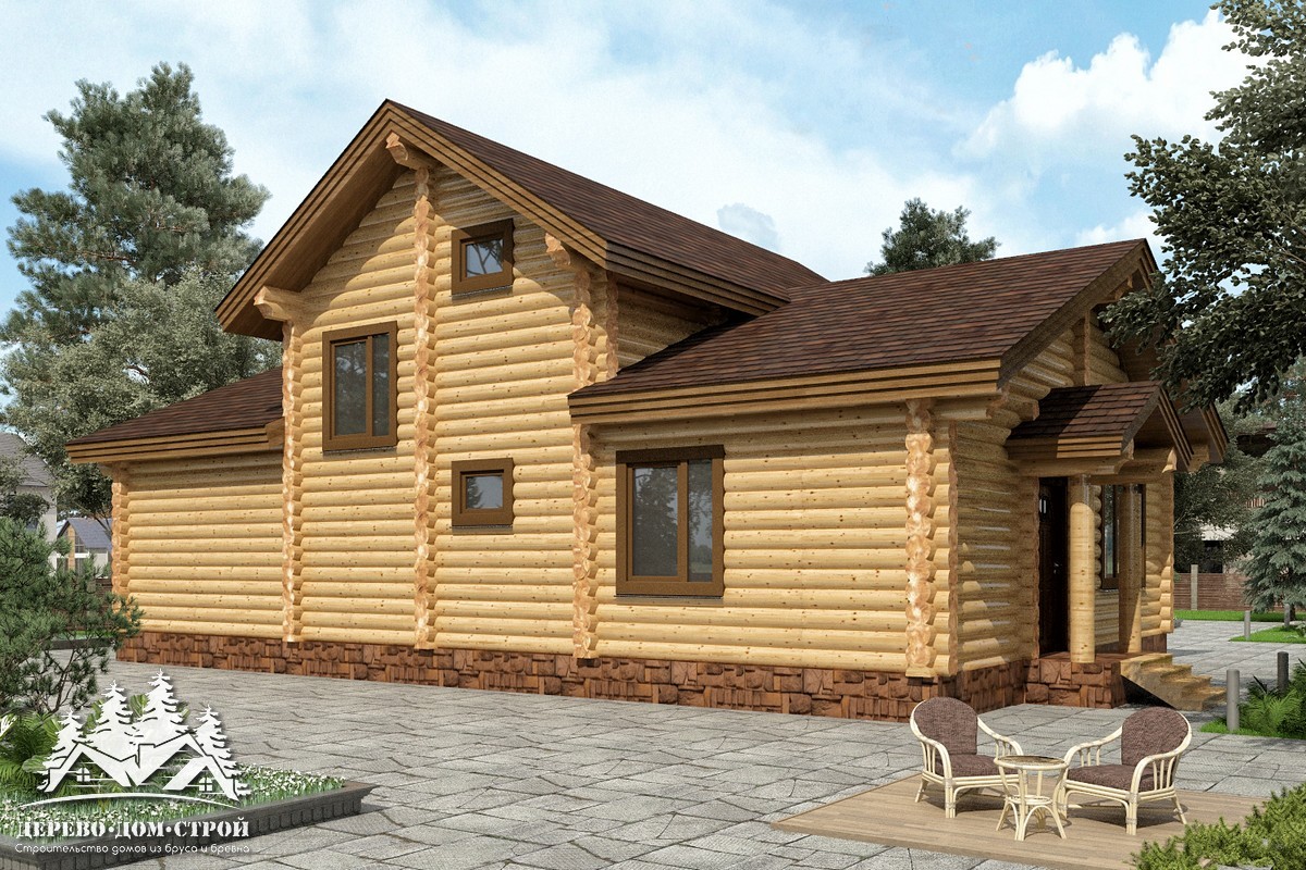 Проект одноэтажного деревянного  дома с мансардой и террасой  из бревна — ДДС 513
