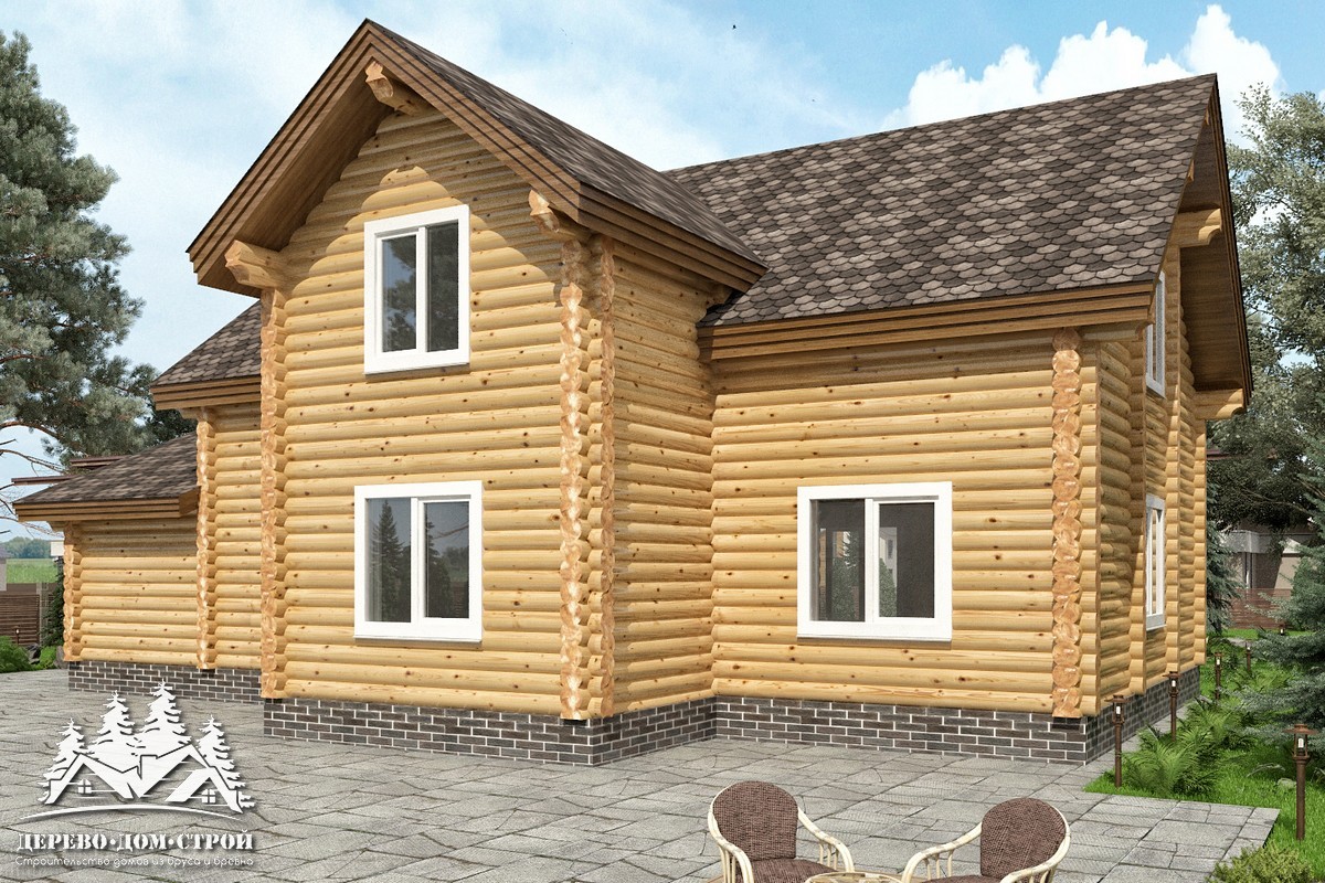Проект одноэтажного деревянного  дома с мансардой и террасой  из бревна — ДДС 504