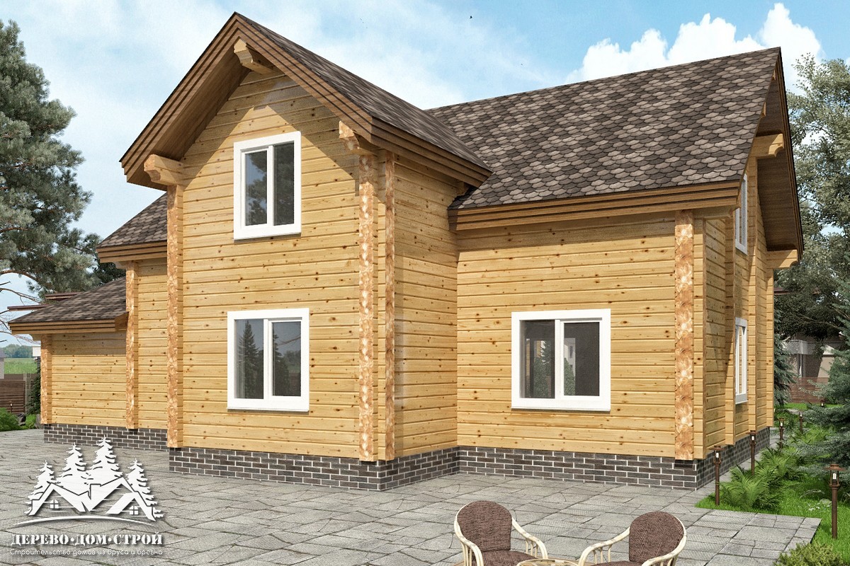 Проект одноэтажного деревянного  дома с мансардой и террасой  из бруса — ДПБ 304