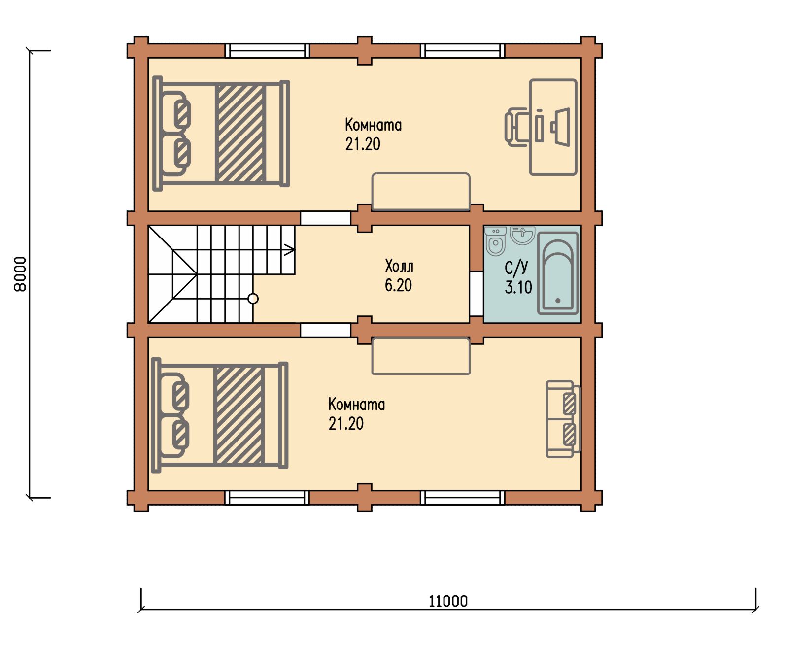 Проект одноэтажного деревянного  дома с мансардой и террасой  из бруса — ДБС 305
