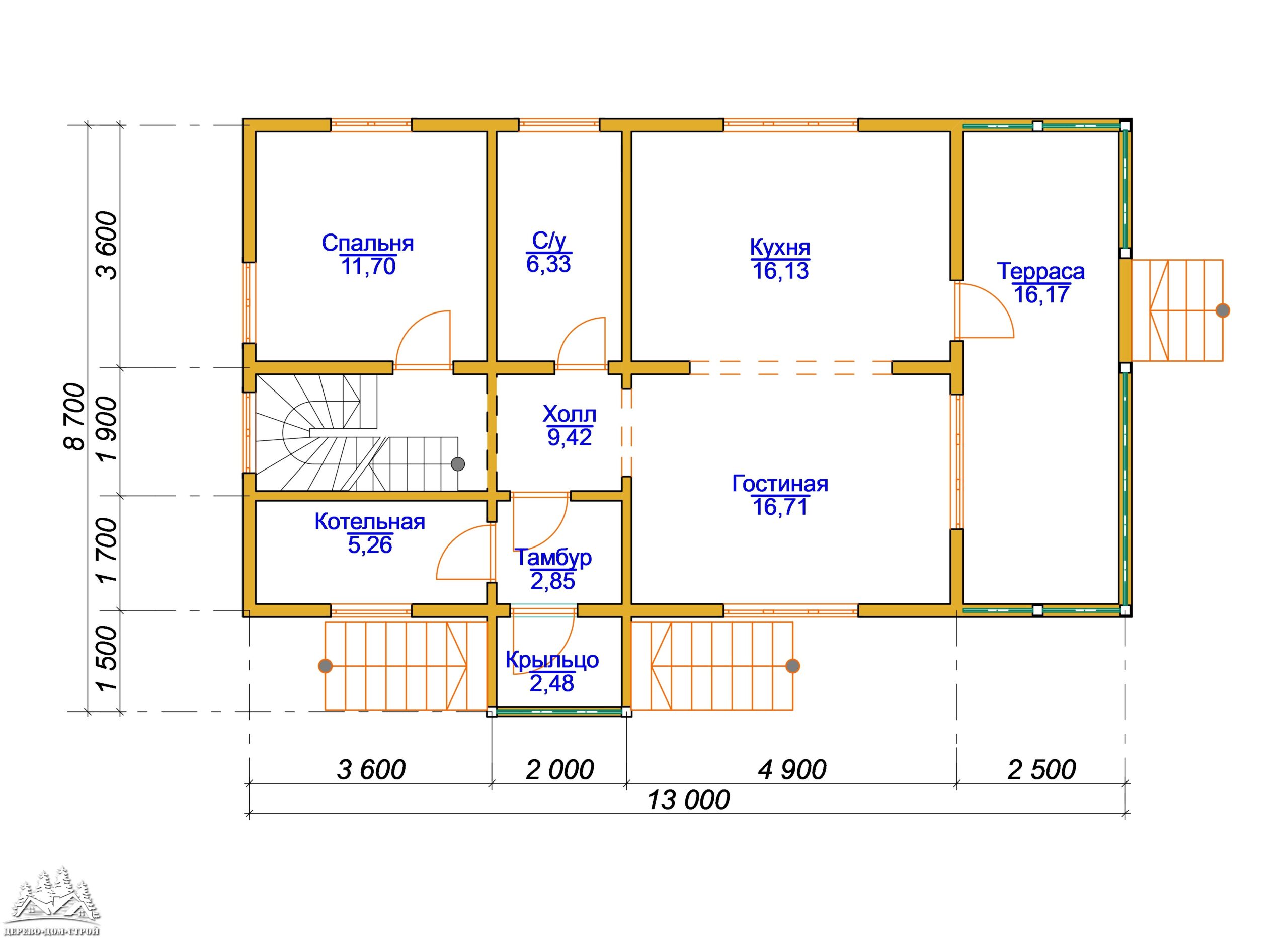 Проект одноэтажного деревянного  дома с мансардой и террасой  из бруса – ДБС 403