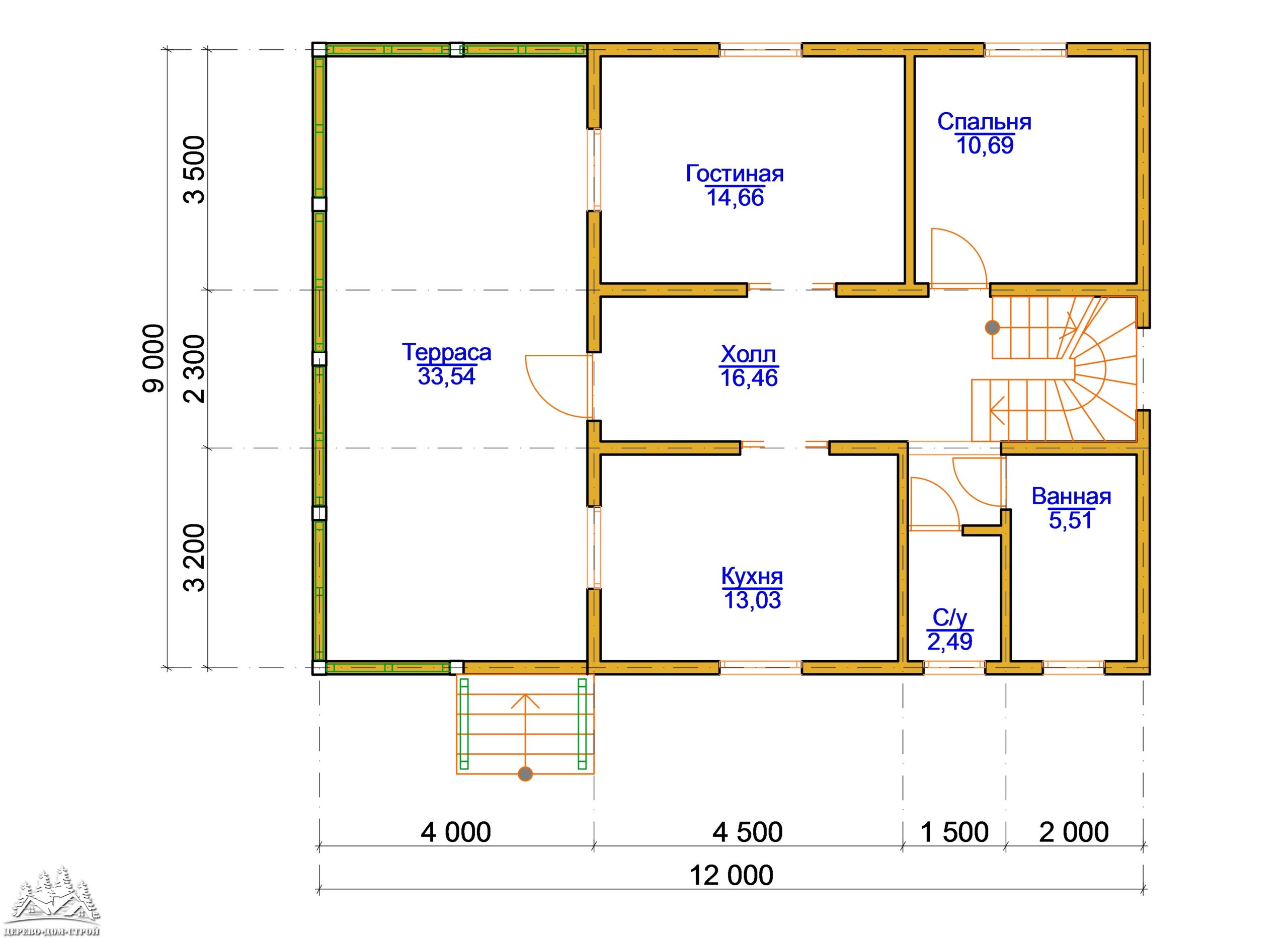 Проект одноэтажного деревянного  дома с мансардой и террасой  из бруса – ДБС 408