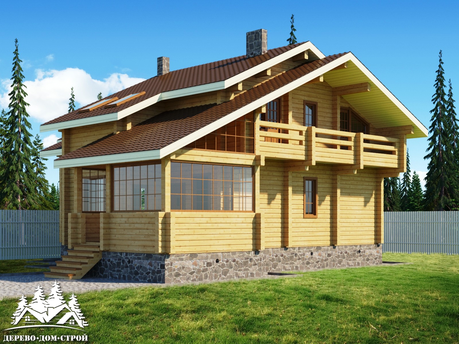 Проект одноэтажного деревянного  дома с мансардой и террасой  из бруса – ДБС 395