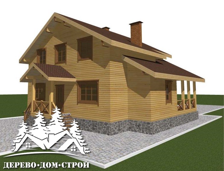 Проект одноэтажного деревянного  дома с мансардой и террасой  из бруса – ДБС 385