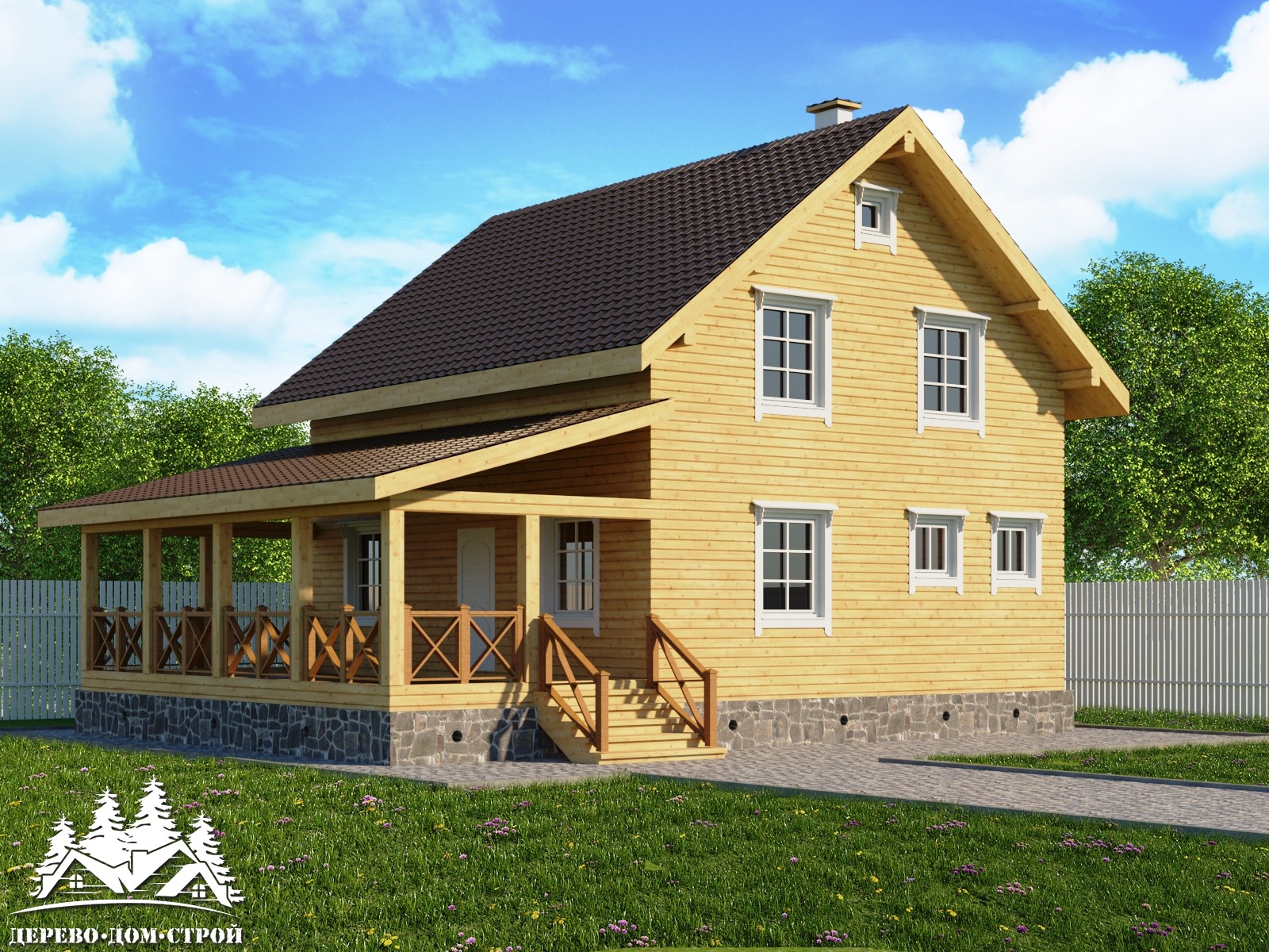 Проект одноэтажного деревянного  дома с мансардой и террасой  из бруса – ДБС 408