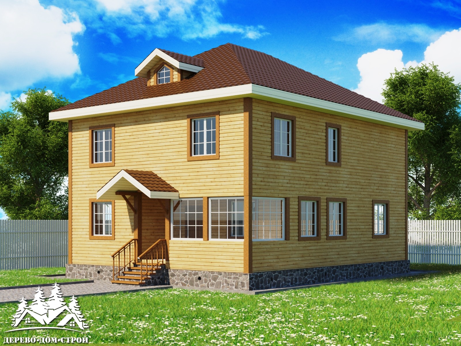 Проект одноэтажного деревянного  дома с мансардой и верандой  из бруса – ДБС 389