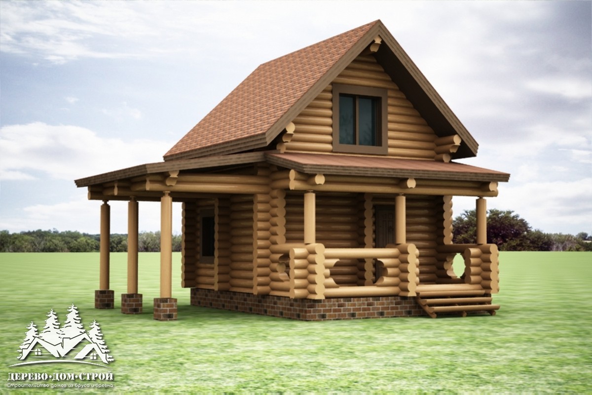 Проект одноэтажного деревянного  дома с мансардой и террасой  из бревна — ДДС 555